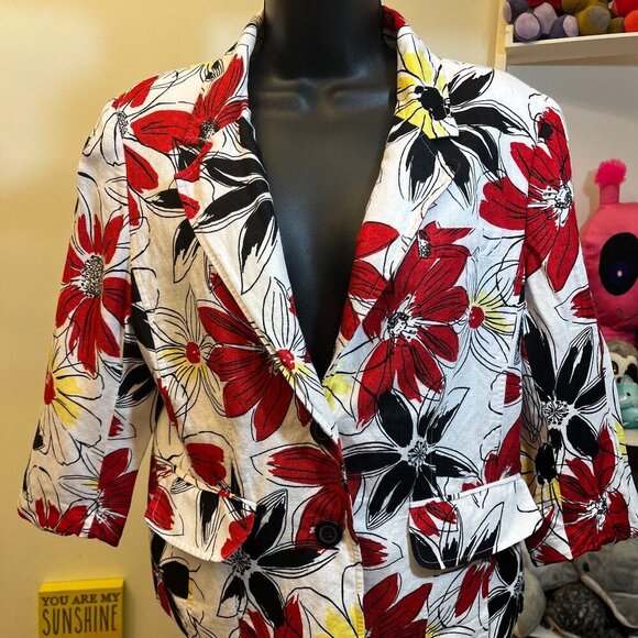 None Jackets & Blazers - Parisian Signature Red Yellow Black Floral Linen Blend Blazer Women’s Size 10